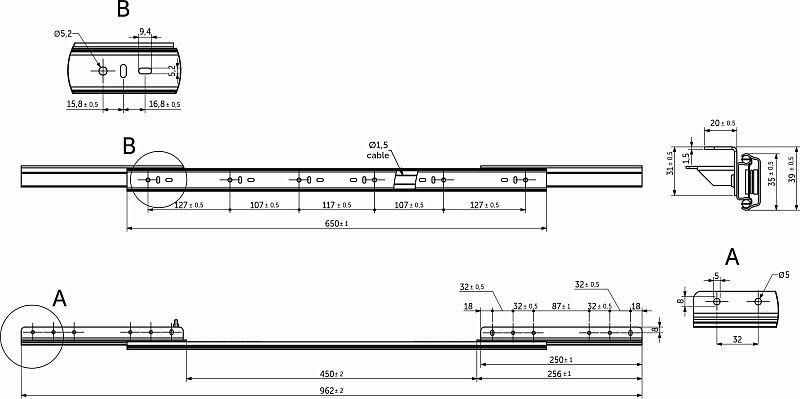 Механизм для раздвижных столов внешний синхронный со стопором L-650 мм AKS 114309