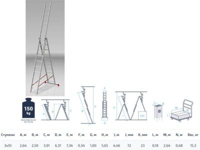 Лестница алюм. 3-х секц. 250/631/264см 3х10 ступ., 15,3кг Pro Startul ST9942-10