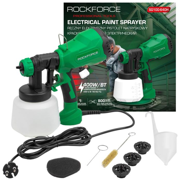 Краскопульт ручной электрический 230В, 400Вт, объем бачка 1 л, макс.расход краски 800мл/мин RockForce RF-SG100-640H