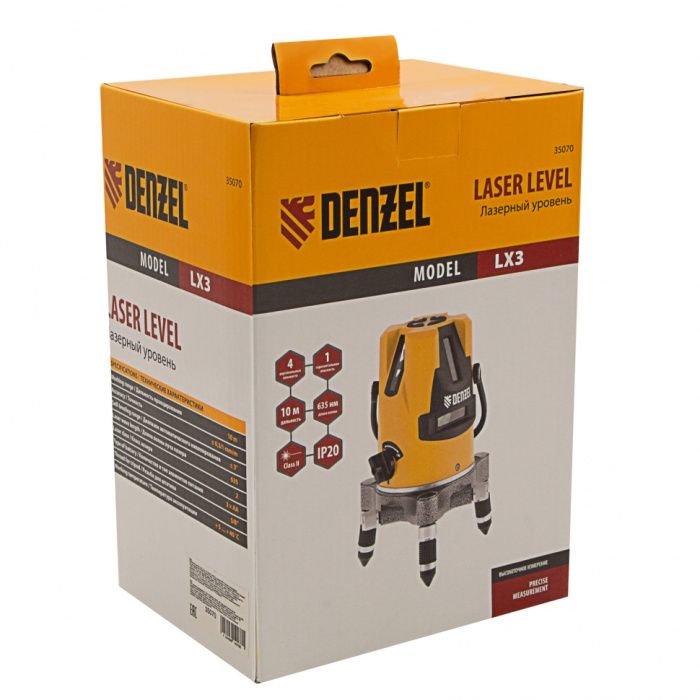 Уровень лазерный LX3, 10 м., ± 0,3 мм/1 м., 635 нм, 4 вертикальных, 1 горизонтальная плоскости, резьба 5/8'' Denzel 35070