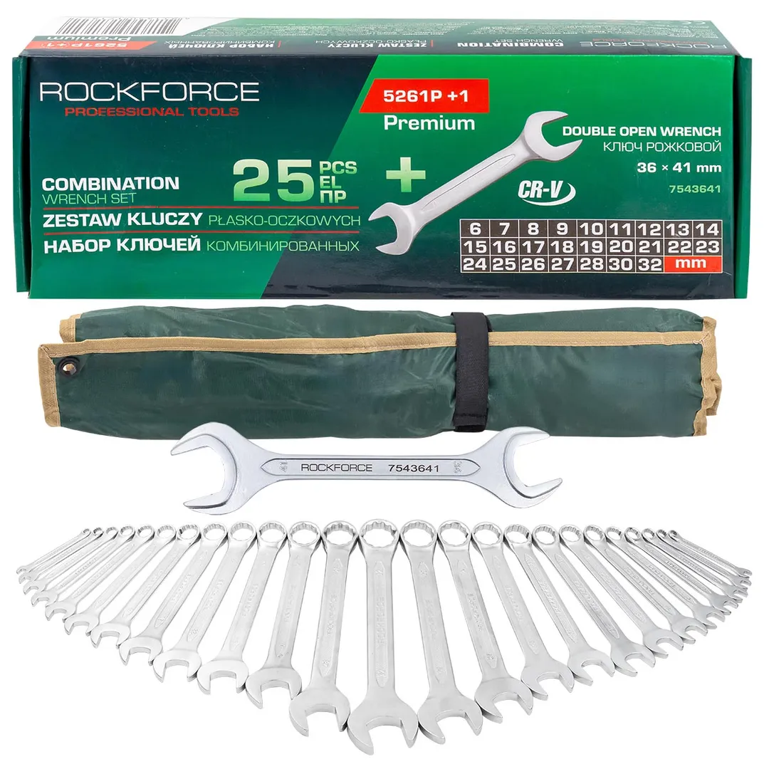 Набор комбинированных ключей 6-28, 30, 32 мм, ключ рожковый 36х41 мм 26 пр RockForce RF-5261P+1 PREMIUM