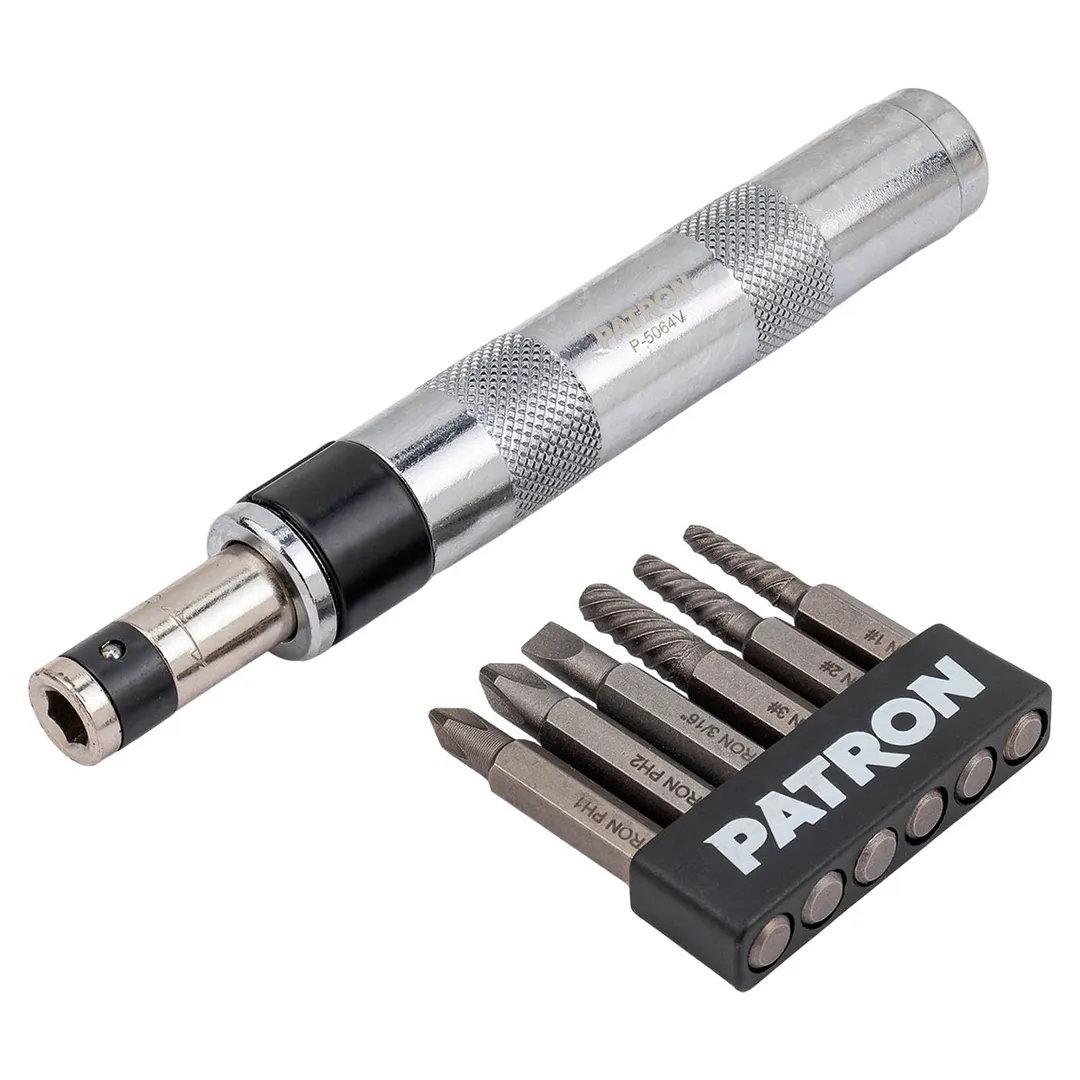 Ударно-поворотная отвертка с набором бит и экстракторами резьбы 7 пр PATRON P-5064V