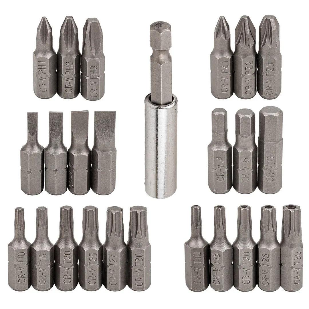 Набор бит PH, PZ, SL, Torx, Torx TR, HEX 1/4'', L25 мм с битодержателем 60 мм, 25 пр Scheppach Sch-HW-S27