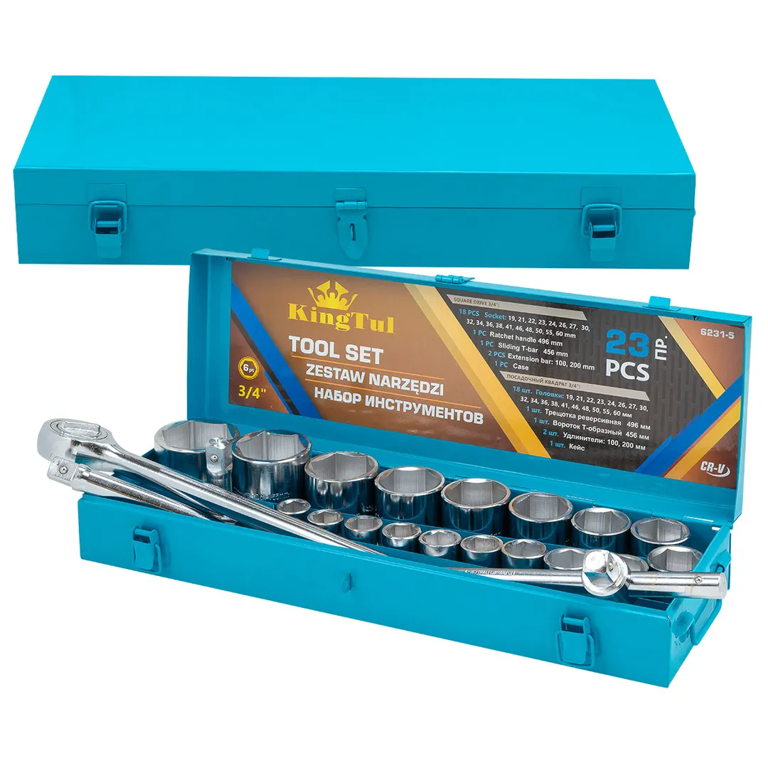 Набор торцевых головок 23 пр. 3/4'' 6-гр. 19-60 мм в металл.кейсе KINGTUL KT-6231-5