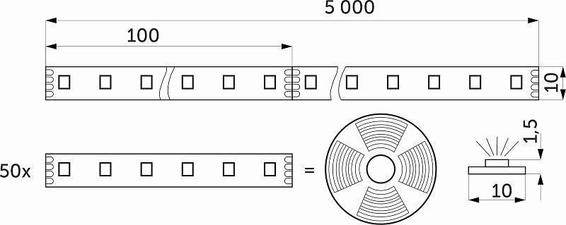 Лента светодиодная RGB 10W/m, 24V, 10мм, 5050, 60 д/м, IP20, цветная 5м, AKS 115344