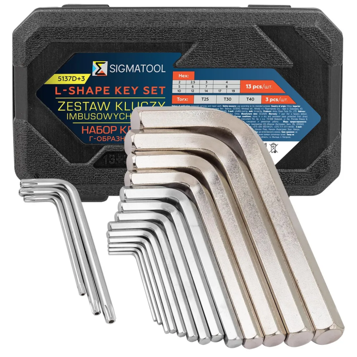 Набор Г-образных ключей HEX (6-гр) 2-19 мм, TORX T25, T30, T40 13+3 пр SIGMATOOL SIGMATOOL-5137D+3