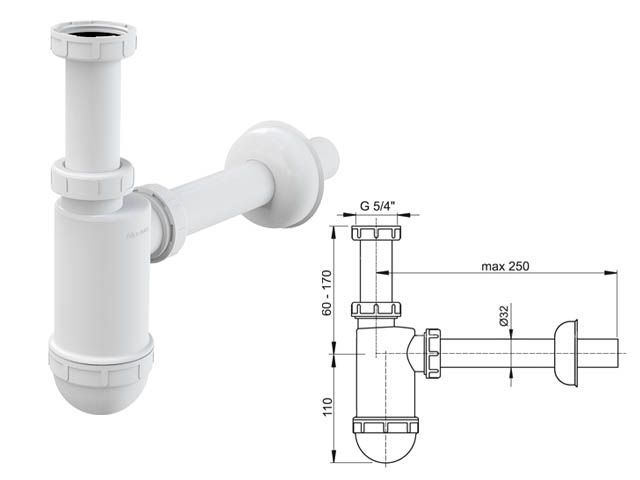 Сифон для умывальника O32 c накидной гайкой 5/4, Alcaplast A430-BL-01