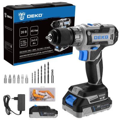 Дрель-шуруповерт аккумуляторная DKCD20V ONE + SET 63 DEKO 083-1038