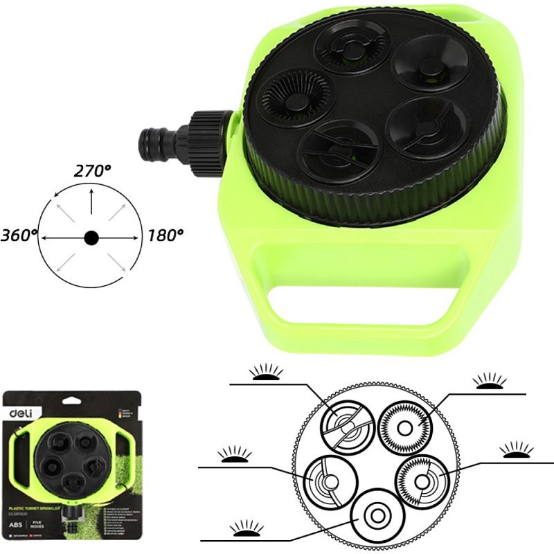 Дождеватель-разбрызгиватель Deli GS EDL581300, 3/4", 5 функций, круговой, ударопрочный пластик, черный, зеленый