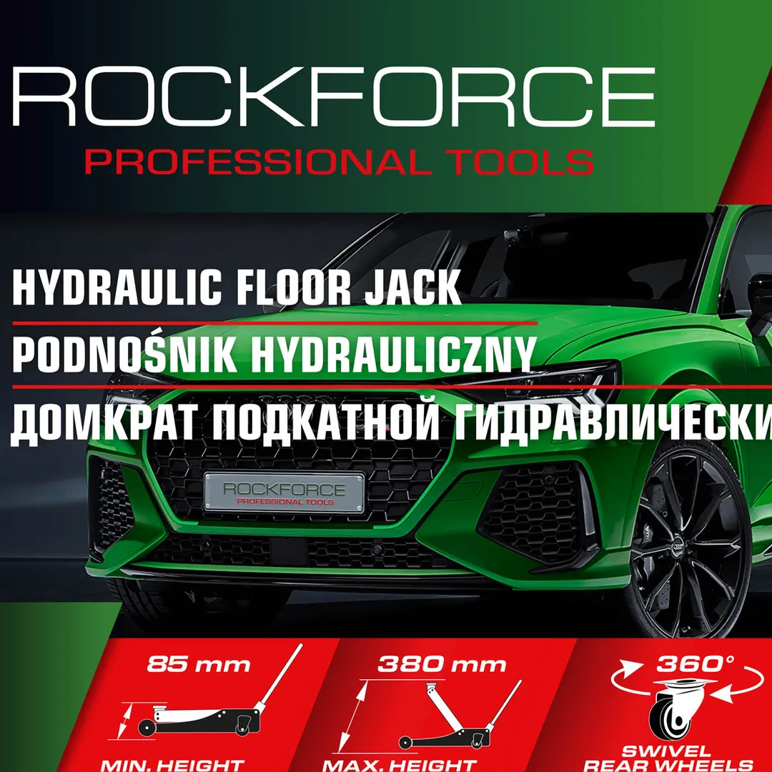 Домкрат подкатной гидравлический 3 т, 85-380 мм низкопрофильный усиленный корпус, поворотная ручка 360° RockForce RF-T820050R