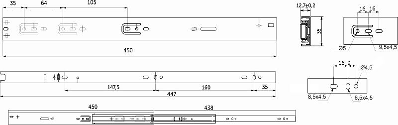 Направляющая шариковая L-450 h35 SOFT CLOSE A AKS 115391