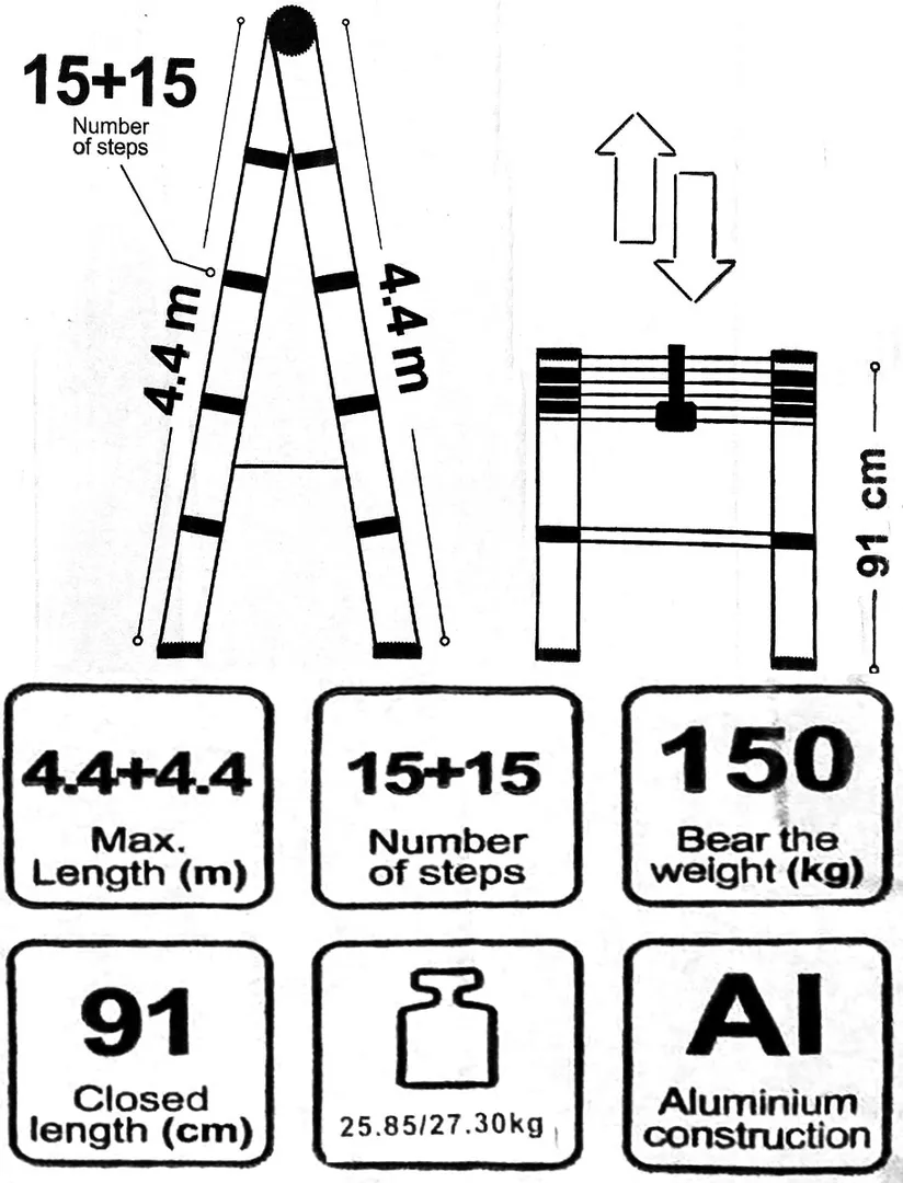 Стремянка телескопическая алюм. бытовая 4.4м 15+15 ступ. Scheppach Sch-UP440-2
