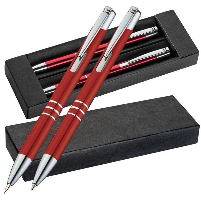Набор "Claremont": ручка шариковая автоматическая и карандаш автоматический, красный, серебристый