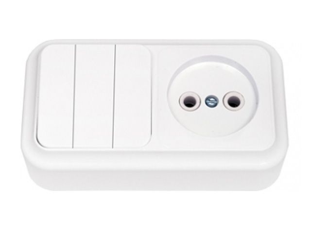 Блок выкл. 3 клав. + розетка (открытая, б/з) белая, Пралеска, Bylectrica 3В-РЦ-525