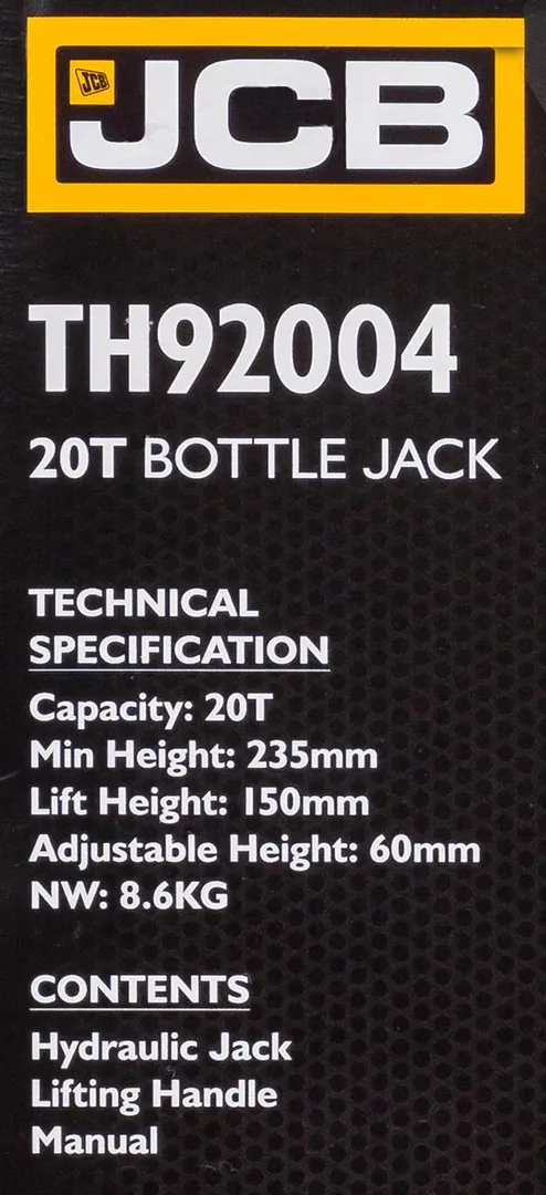 Домкрат бутылочный 20 т 235-445 мм с клапаном JCB JCB-TH92004