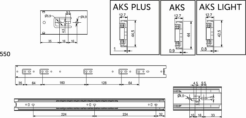 Направляющая шариковая L-550 h=45 AKS LIGHT 23002