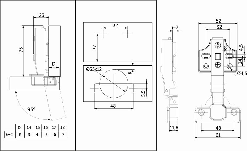 Петля накладная с доводчиком 48мм h2 clip-on, саморезы, заглушки, д/фасадов до 28мм, упак 2 шт., PRIME by AKS 112606