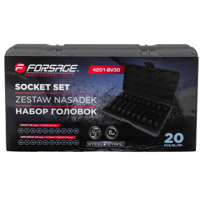 Набор ударных коротких и глубоких головок 10-19 мм 1/2'' 6-гр 20 пр Forsage F-4201-BV30