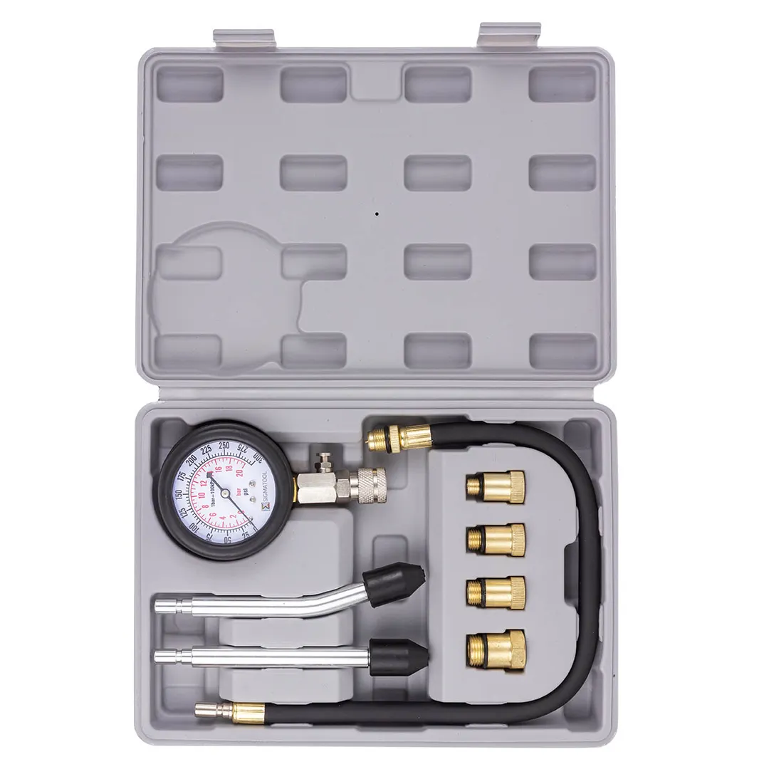 Индикатор компрессии бензинового двигателя 8 пр. 0-20Bar М10х1.0, М12х1.25, М14х1.25, М18х1.5 SIGMATOOL Sigmatool-908G1