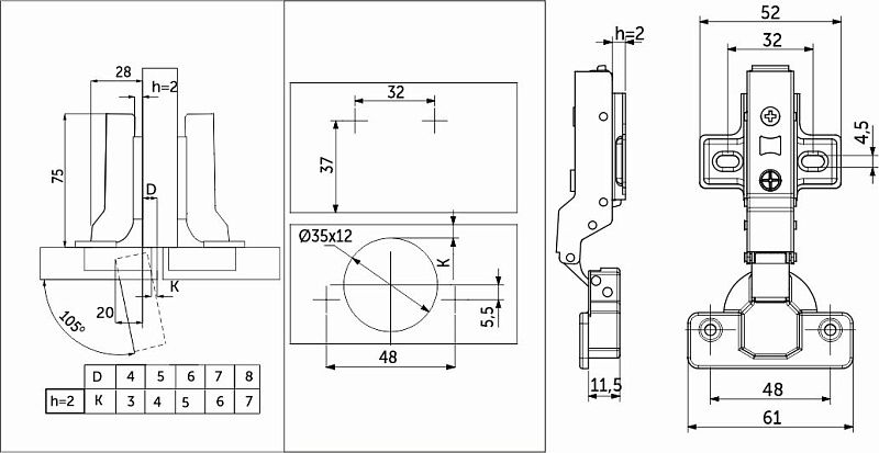 Петля полунакладная без пружины 48мм h2 clip-on, саморезы, заглушки, упак 2 шт., PRIME by AKS 112705