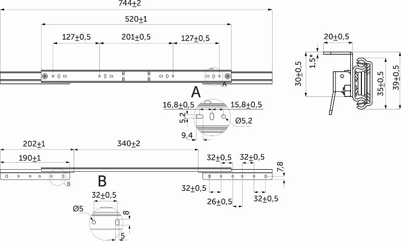 Механизм для раздвижных столов внешний синхронный со стопором L-520 мм AKS 114320