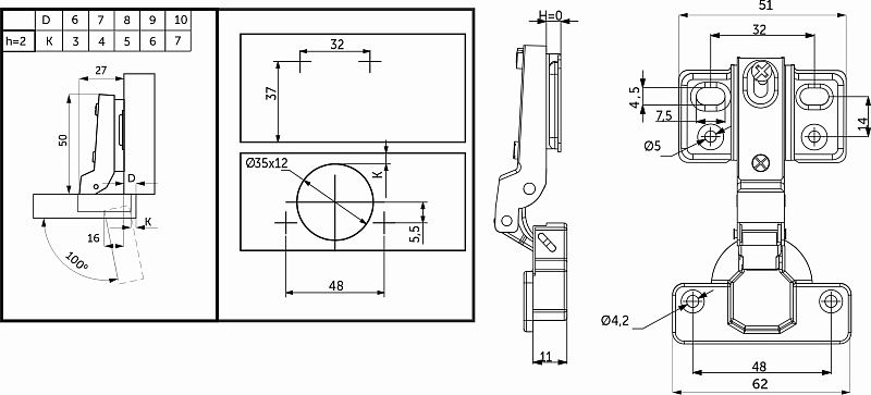 Петля полунакладная с доводчиком 48мм h2 несъемная планка, 4 отверстия, GRIDLI 113556