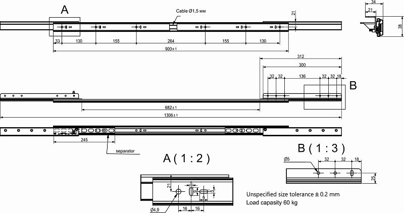 Механизм для раздвижных столов внешний синхронный со стопором 39х900мм AKS 76337