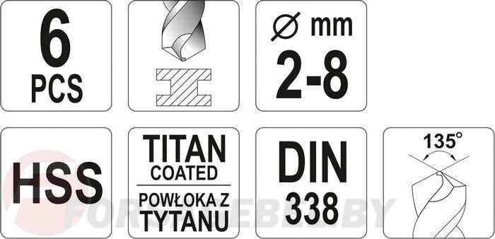 Набор сверл по металлу 2-8 мм HSS-TiN 6 пр. Yato YT-44673