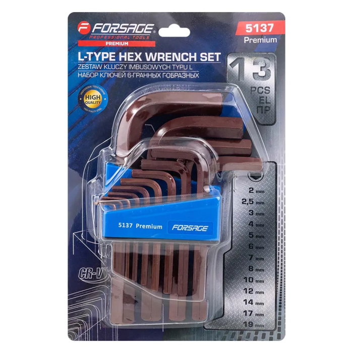 Набор ключей Г-образных HEX (6-гр) 2-19 мм ''Premium'' 13 пр Forsage F-5137 PREMIUM