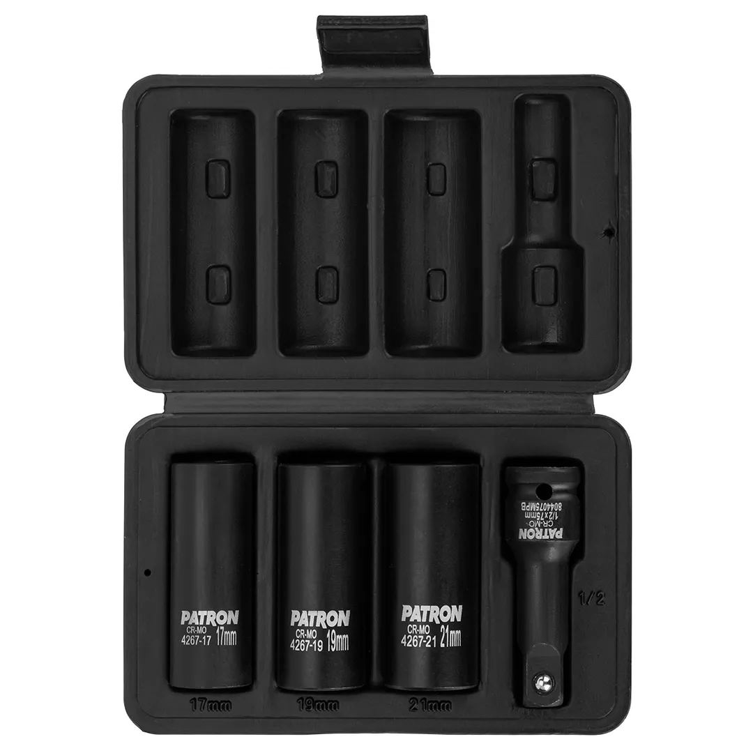 Набор ударных двухсторонних головок экстрактор/6-гр, с удлинителем 17, 19, 21 мм 1/2'' 4 пр PATRON P-4267