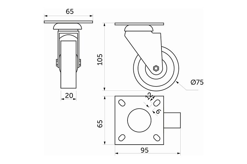 Колесо меб. TECH d75 h100 под винт М10 с торм., серый AKS 119791