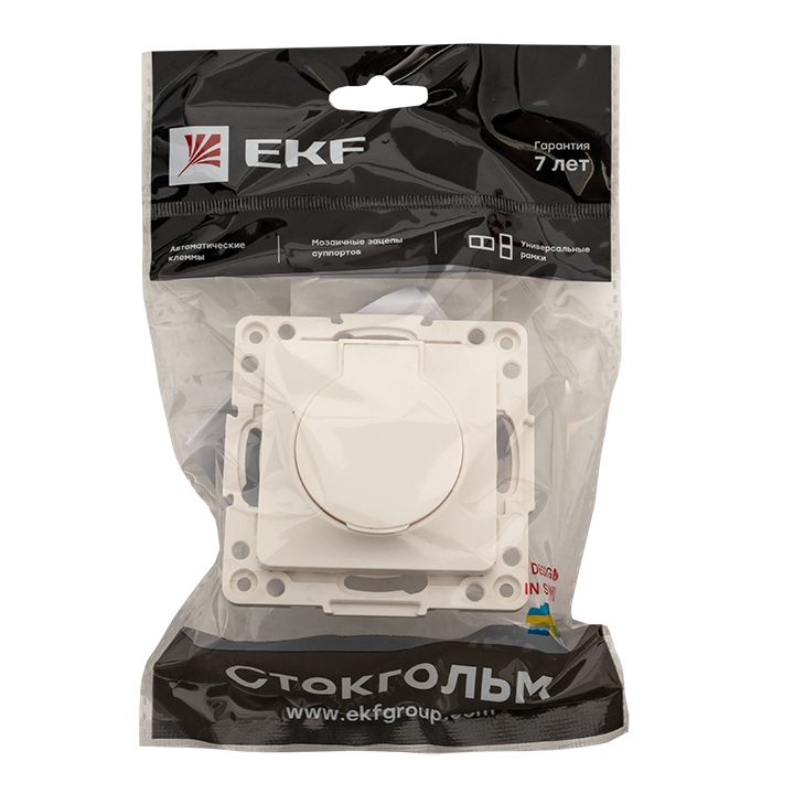 Стокгольм Механизм Розетки 1-местной с/з 16А автоматические клеммы белый с крышкой и защ, штор, IP44 EKF PROxima EYR16-028-10-44