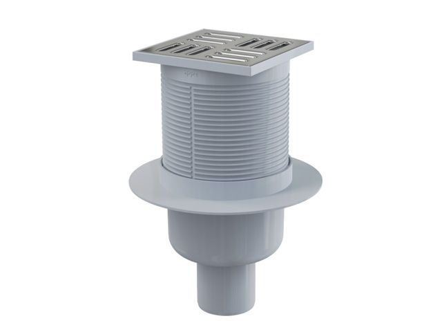 Сливной трап 105х105/50, подводка - прямая, решетка - нерж. сталь, гидрозатвор - мокрый, Alcaplast APV2-BL-01