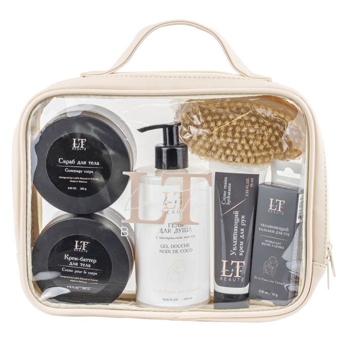 Набор для тела, бальзам для губ 1756,крем-баттер 1879,.скраб для тела 1893.щетка массажная,гель для душа 1787,крем для рук 1794,сумка-органайзер La and Te beaute LT-CB10