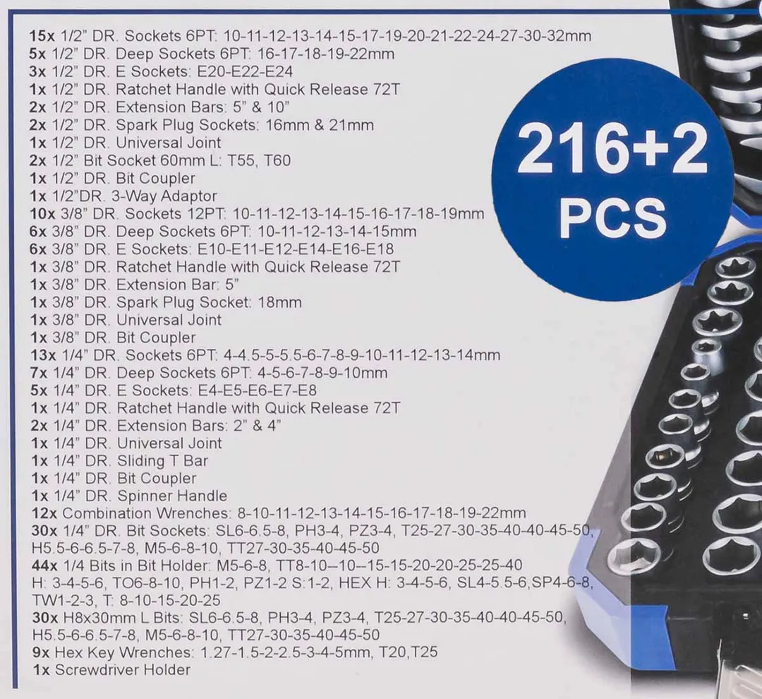 Набор инструментов 216+2 пр. 1/4''&3/8''&1/2'', 6-гр. Scheppach Sch-38841+2