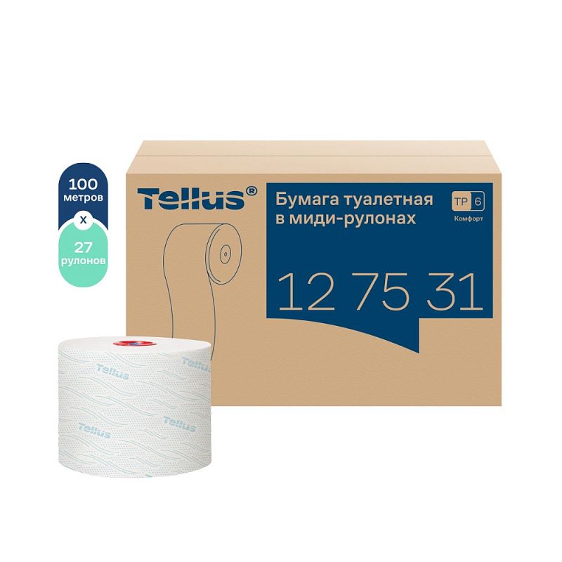 Бумага туалетная Tellus Комфорт T6, в миди-рулонах 100 м, 2 слоя