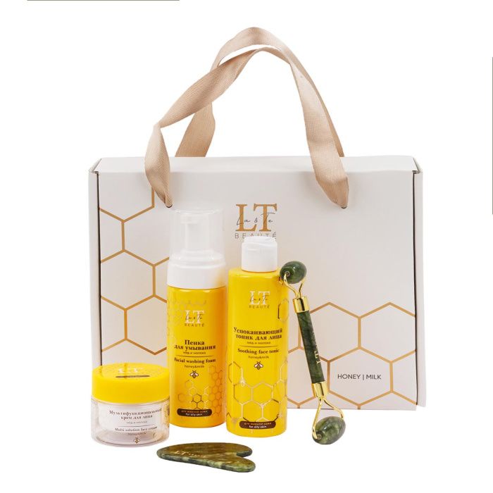 Набор Мед и молоко для жирной кожи лица, тоник LT-1213, крем-LT1237, пенка-LT-1275, скребок гуаша, массажный ролик зеленый La and Te beaute LT-Hm2
