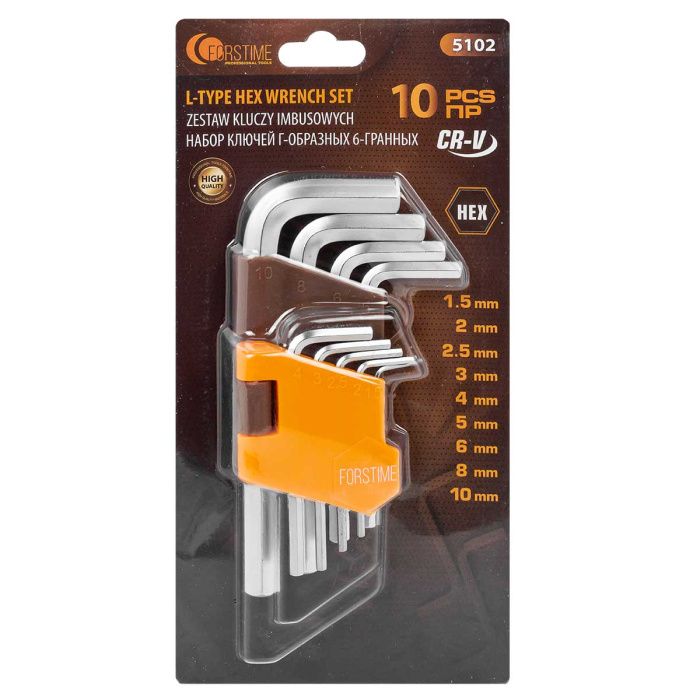 Набор Г-образных ключей HEX (6-гр) 10 пр. 1.5-6, 8, 10 мм FORSTIME FT-5102