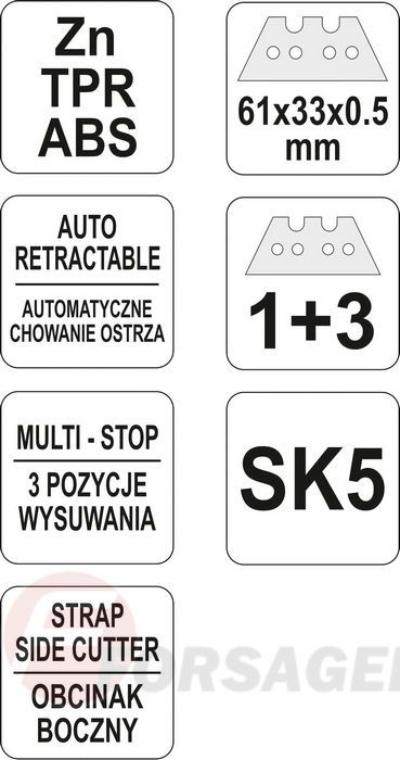 Нож с выдвижным трапециевидным лезвием 1+3 шт. SK5, Zn Yato YT-75201