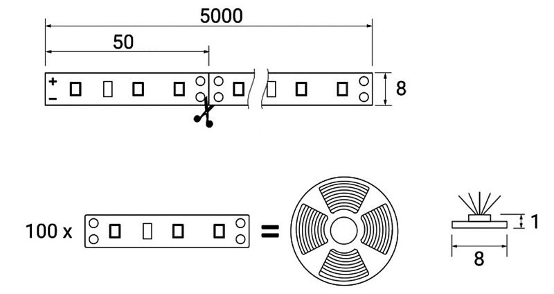 Лента светодиодная 4,8W/m, 12V, 8мм, 2835, 60 д/м, IP20, нейтральный белый, 4000K, CRI>70, 350 Lm, 5м, GS 94918