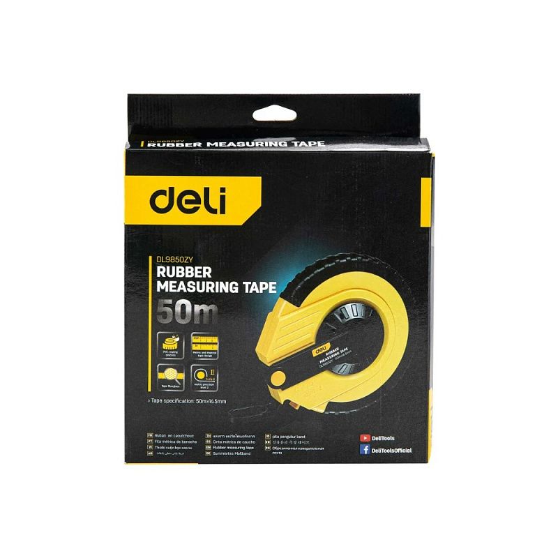 Мерная лента Deli YS EDL9850ZY, 50 м х 14,5 мм, лента фиберглас, пластиковый корпус, желтый, черный