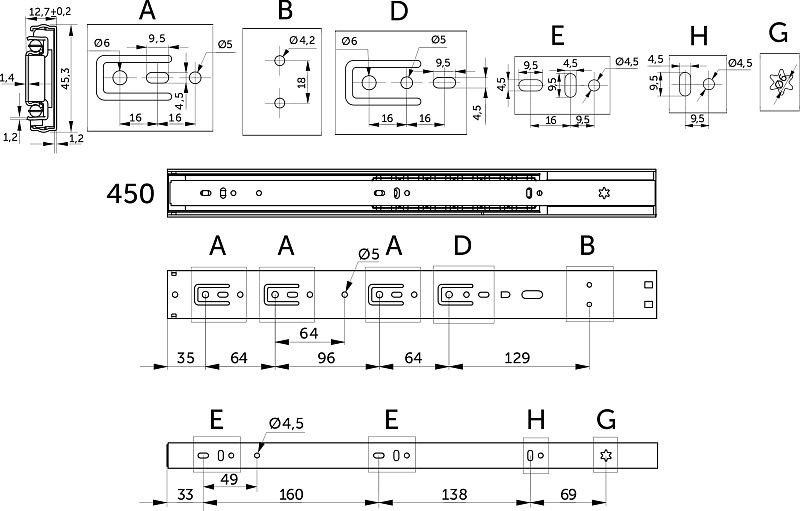 Направляющая шариковая L-450 h45 SOFT CLOSE A PRIME by AKS 114796