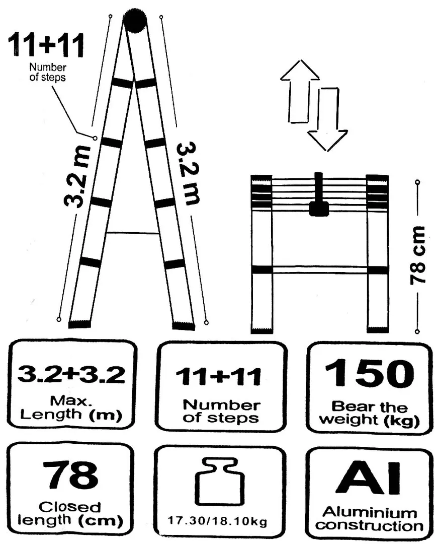 Стремянка телескопическая алюм. бытовая 3.2м 11+11 ступ. Scheppach Sch-UP320-2