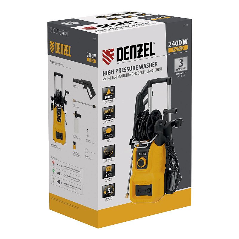 Моечная машина высокого давления R-200D, 2400 Вт, 200 бар, 420 л/ч, с барабаном Denzel 58264