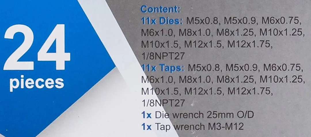 Набор метчиков и плашек метрический 24 пр М5х0.8/0.9, М6х0.75/1, М8х1/1.25, М10х1.25/1.5, М12х1.5/1.75 Scheppach Sch-M024-1