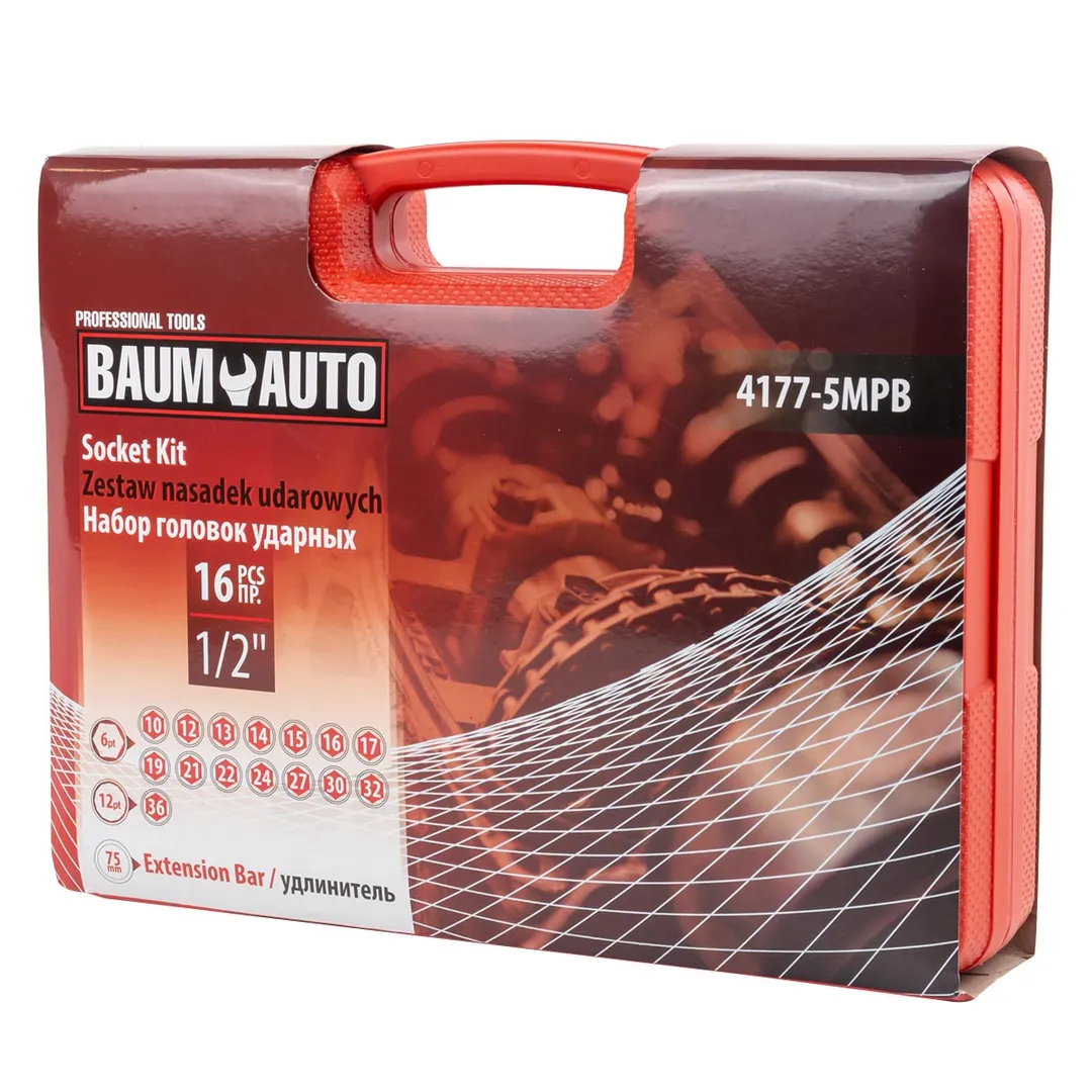 Набор головок ударных глубоких 10-19, 21, 22, 24, 27, 30, 32 мм 1/2'' 6-гр 16 пр BaumAuto BM-4177-5MPB