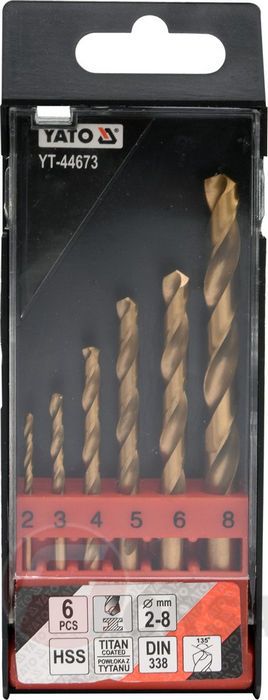 Набор сверл по металлу 2-8 мм HSS-TiN 6 пр. Yato YT-44673