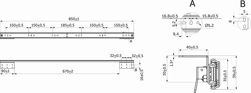 Механизм для раздвижных столов внутренний синхронный со стопором L-850 мм AKS 114319