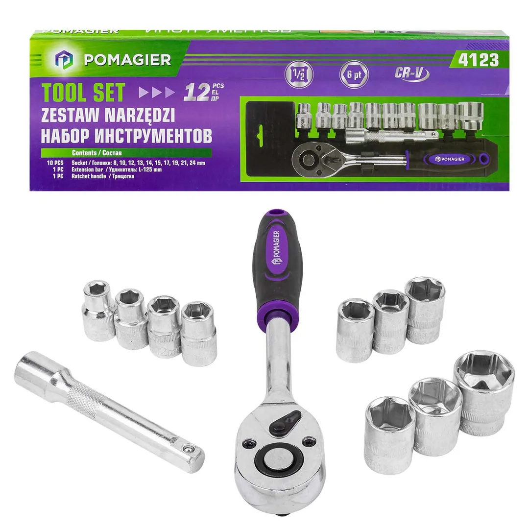 Набор головок с трещоткой 8-24 мм 12 пр. 1/2'', 6-гр. POMAGIER POM-4123