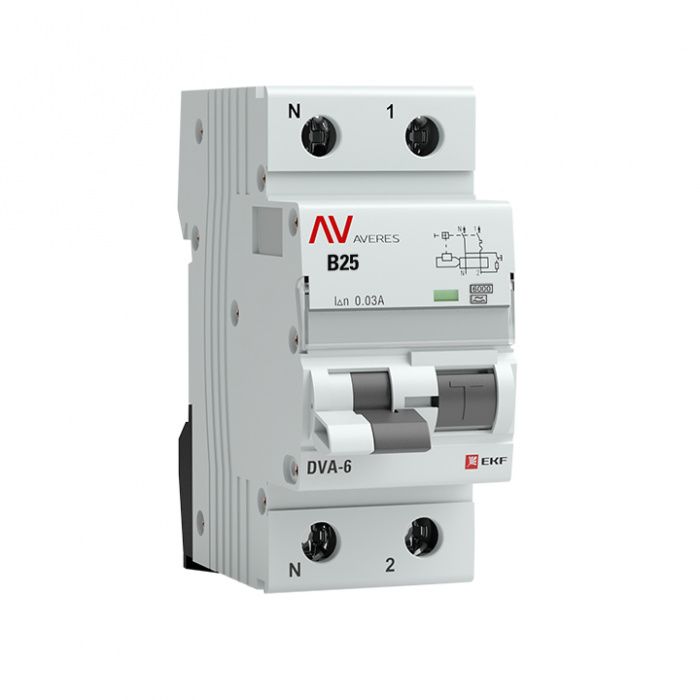 Дифференциальный автомат DVA-6 1P+N 25А (B) 30мА (A) 6кА EKF AVERES rcbo6-1pn-25B-30-a-av